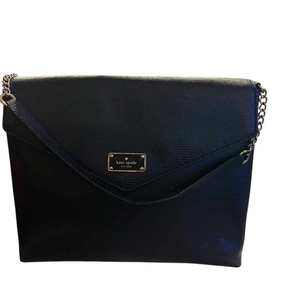 Kate Spade New York Black Leather Envelope Flap Shoulder Bag Gold Hardware - Picture 5 of 7